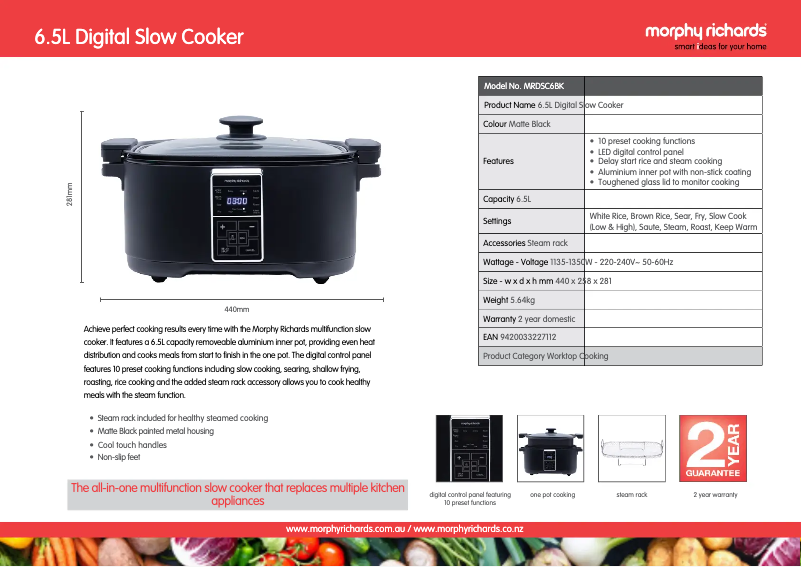 Page 1 de la notice Fiche technique Morphy Richards MRDSC6BK