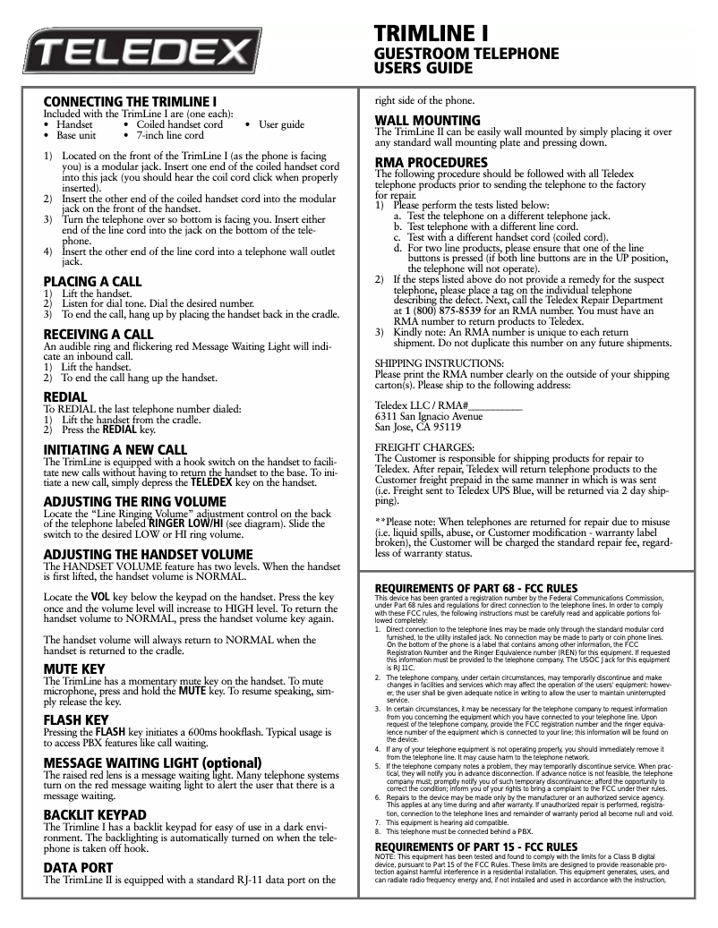 Page 1 of the manual User Manual Teledex Trimline I