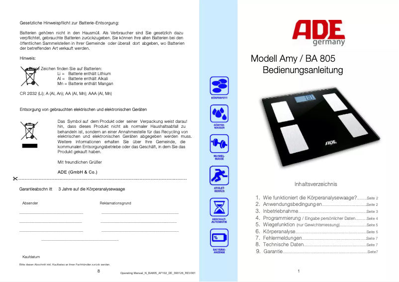Page n°1 - Manuel utilisateur ADE Amy BA 805