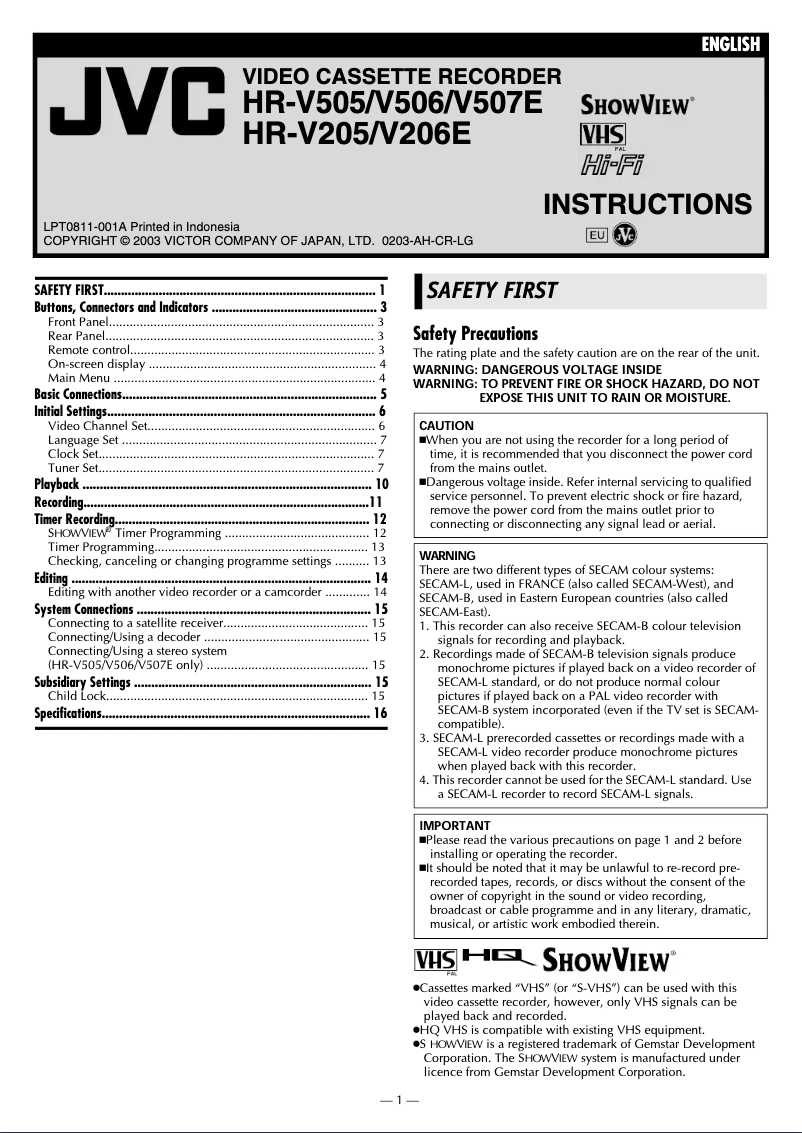 Page n°1 - Manuel utilisateur JVC HR-V507E