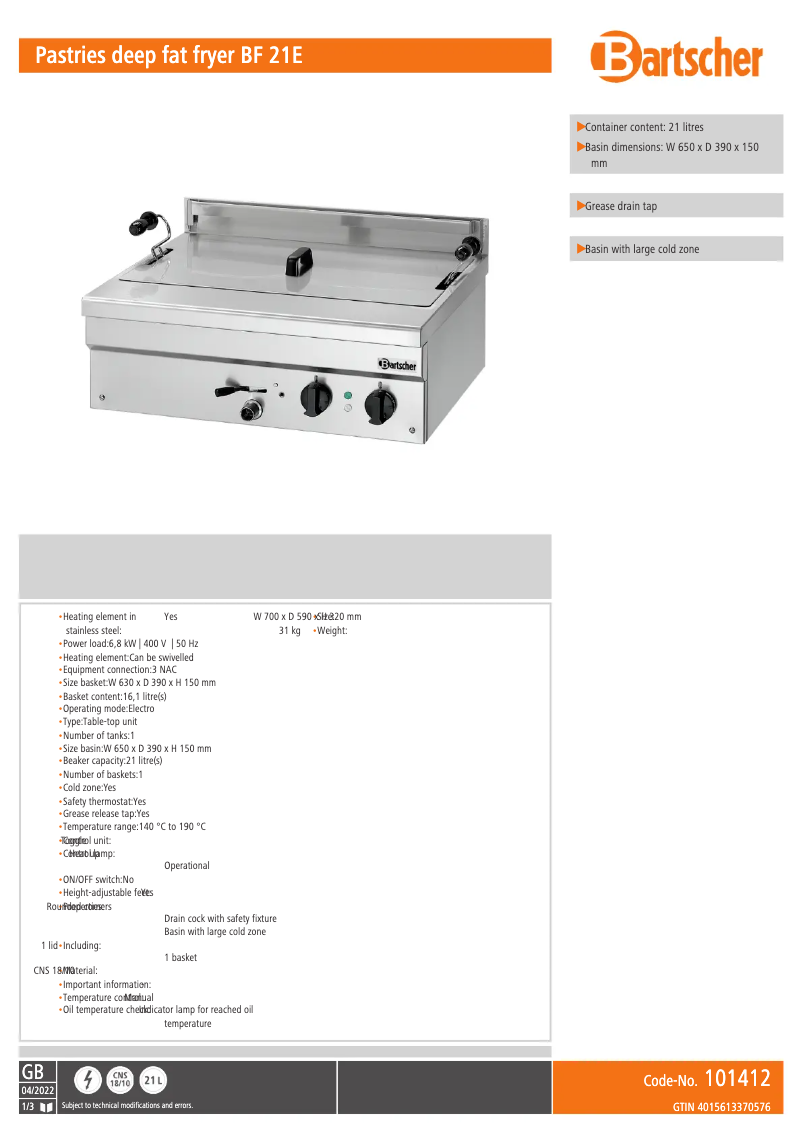 Page n°1 - Manuel utilisateur Bartscher BF 21E