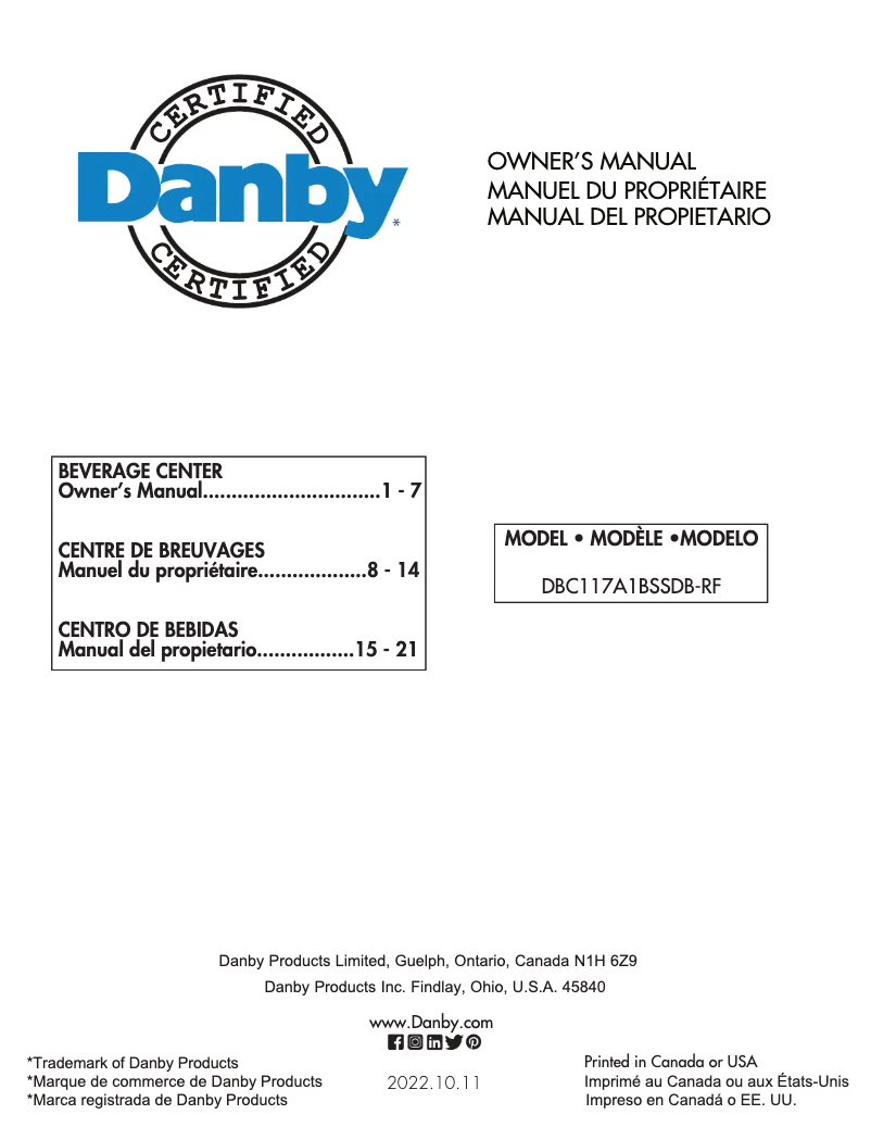 Page 1 de la notice Manuel utilisateur Danby DBC117A1BSSDB-RF