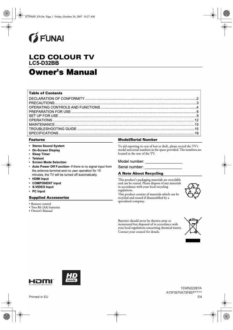 Page 1 de la notice Manuel utilisateur Funai LC5-D32BB