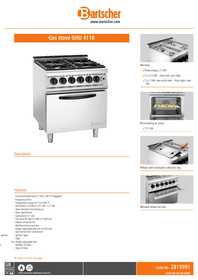 Page 1 de la notice Fiche technique Bartscher GHU 4110