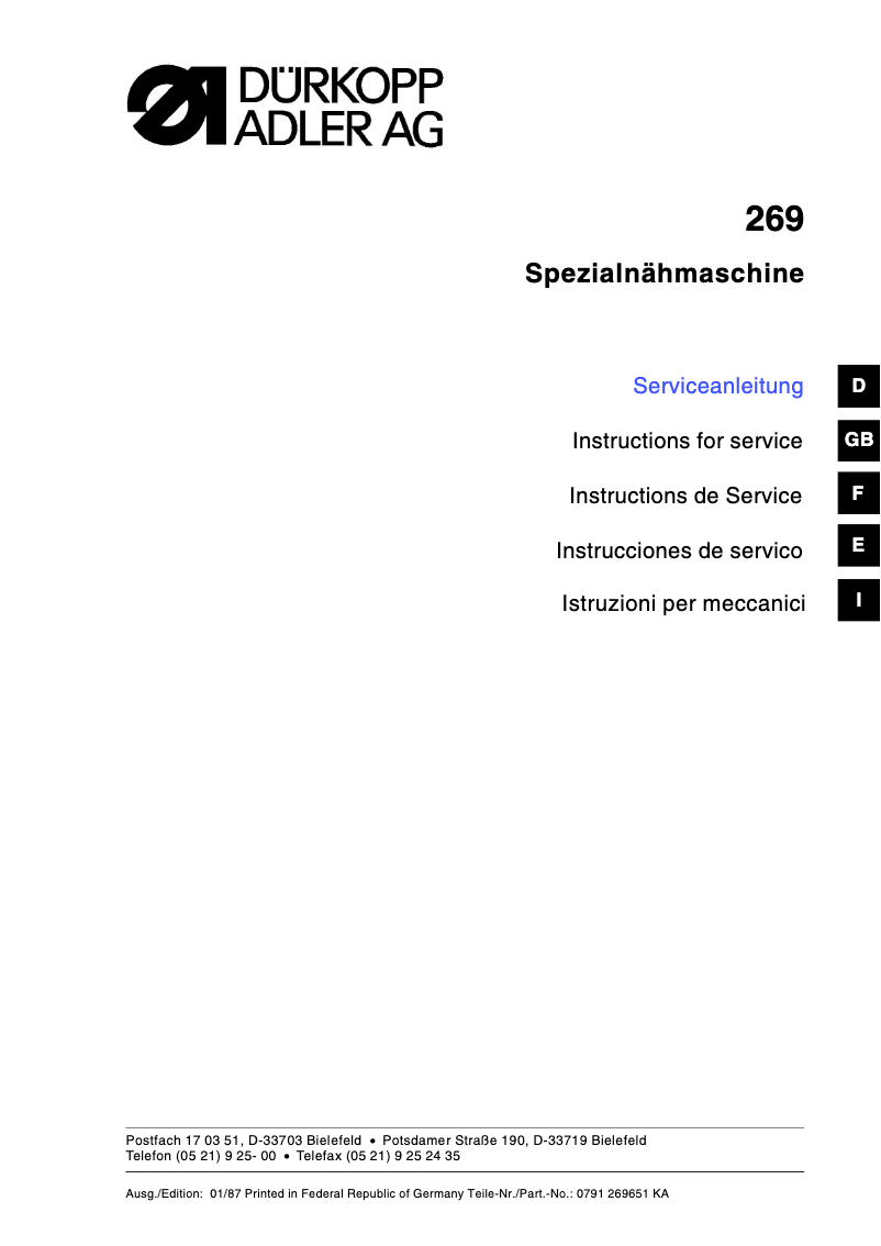 Page n°1 - Manuel utilisateur Dürkopp Adler 269