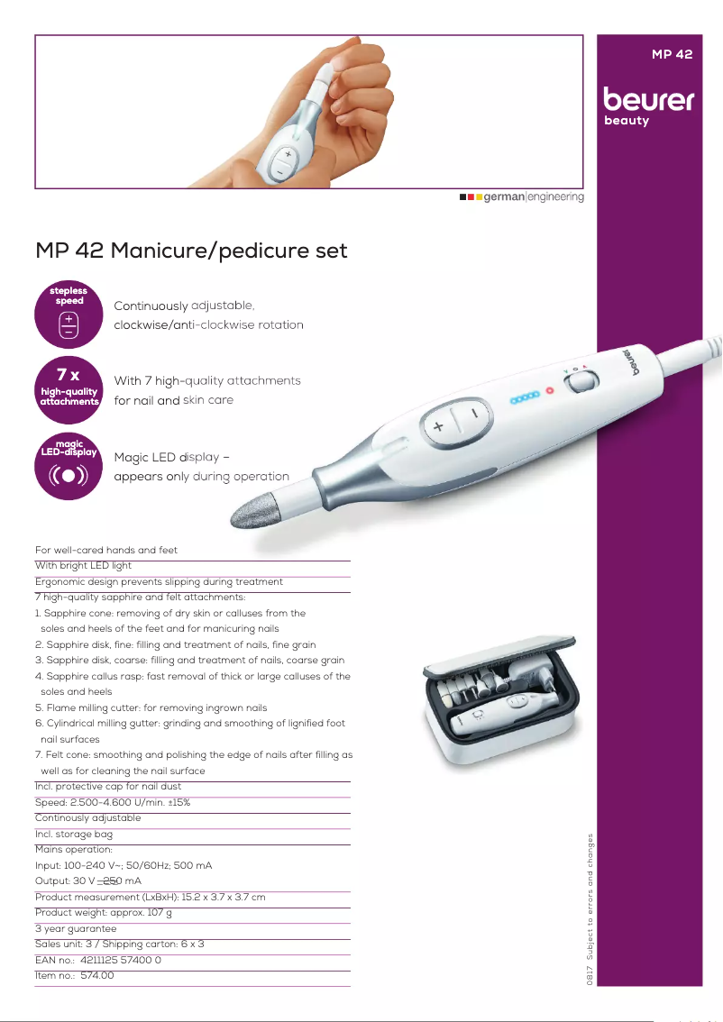 Page 1 de la notice Fiche technique Beurer MP 42