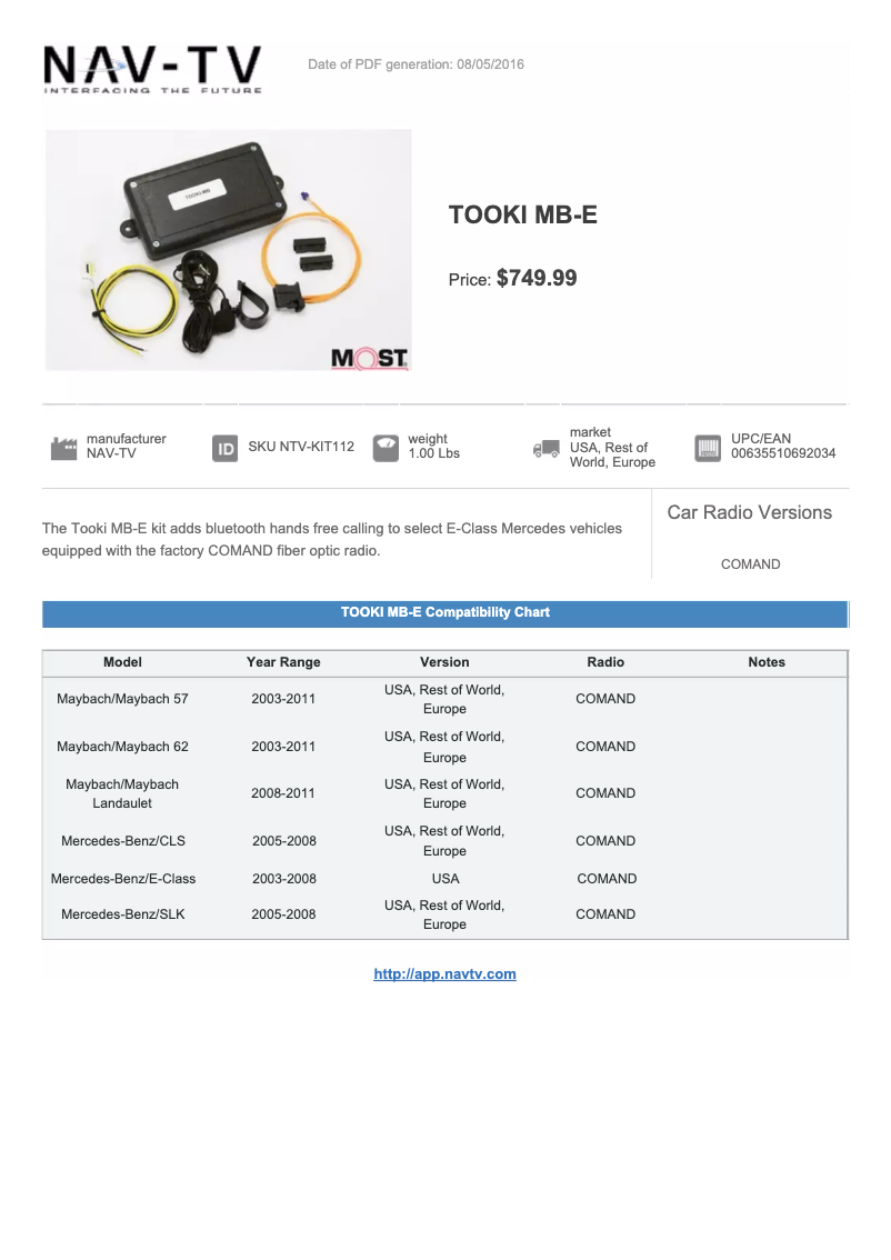 Page n°1 - Fiche technique NAV-TV Tooki Mercedes NTV-KIT112