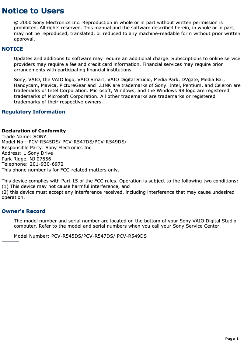 Página 1 del manual Manual de usuario Sony Vaio PCV-R547DS