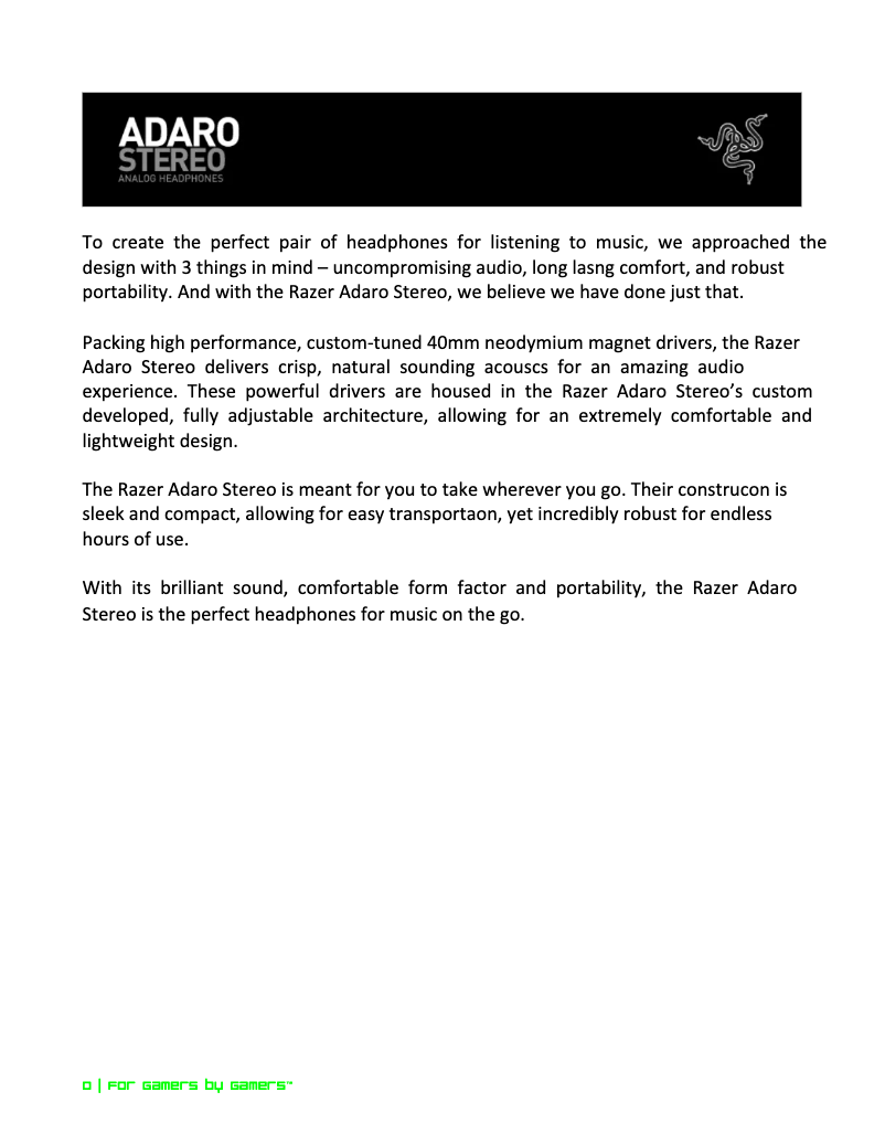 Page 1 de la notice Manuel utilisateur Razer Adaro Stereo