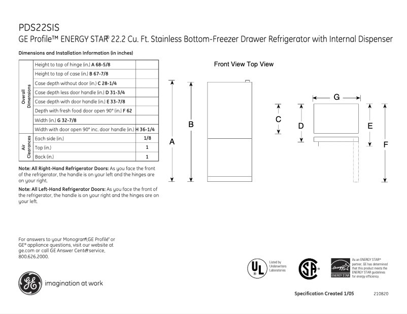 Page 1 de la notice Fiche technique GE Profile PDS22SISRSS