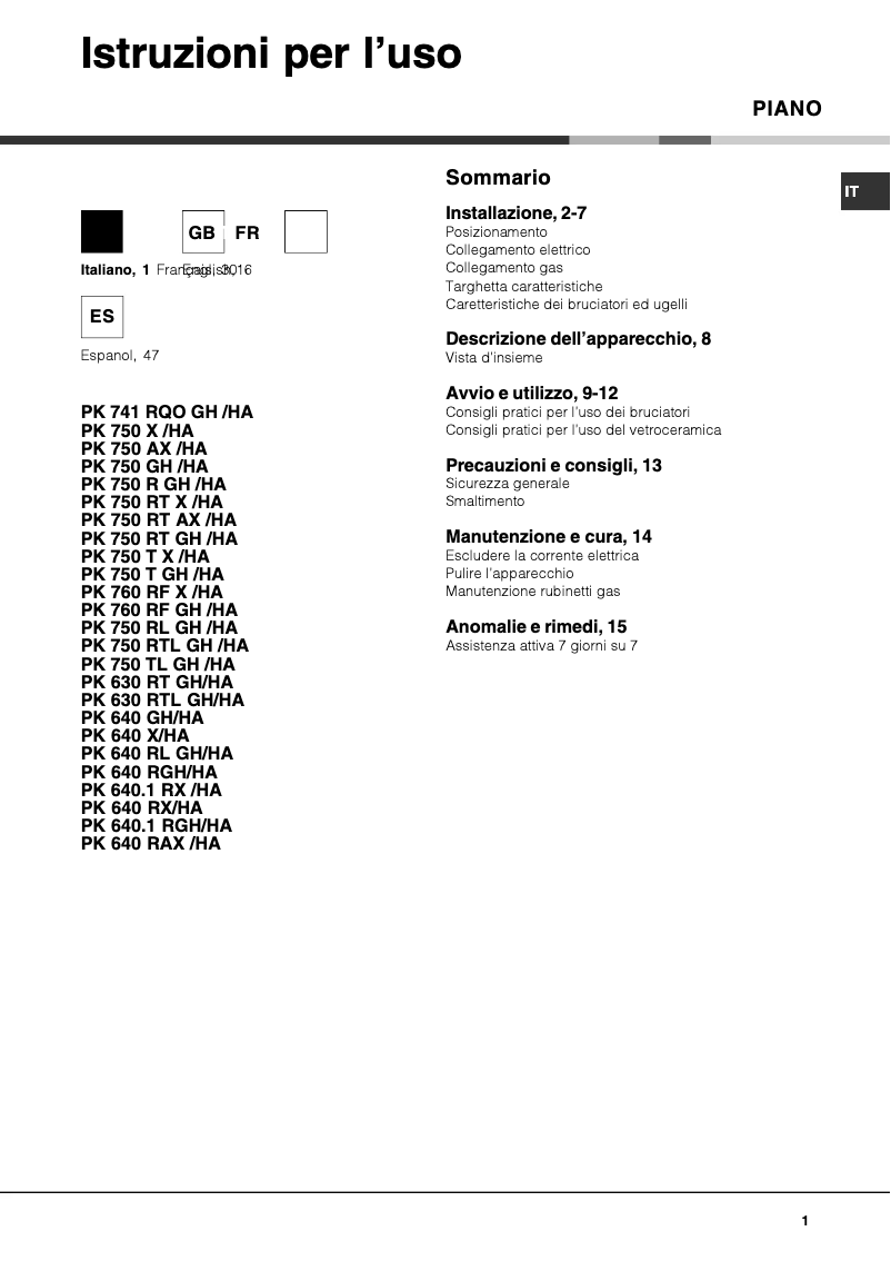 Página 1 del manual Manual de usuario Hotpoint Ariston PK 640 R AX /HA