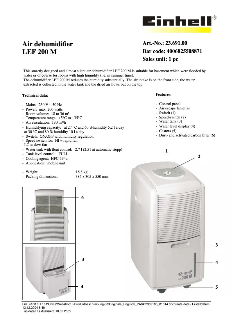 Page 1 de la notice Fiche technique Einhell LEF 200 M