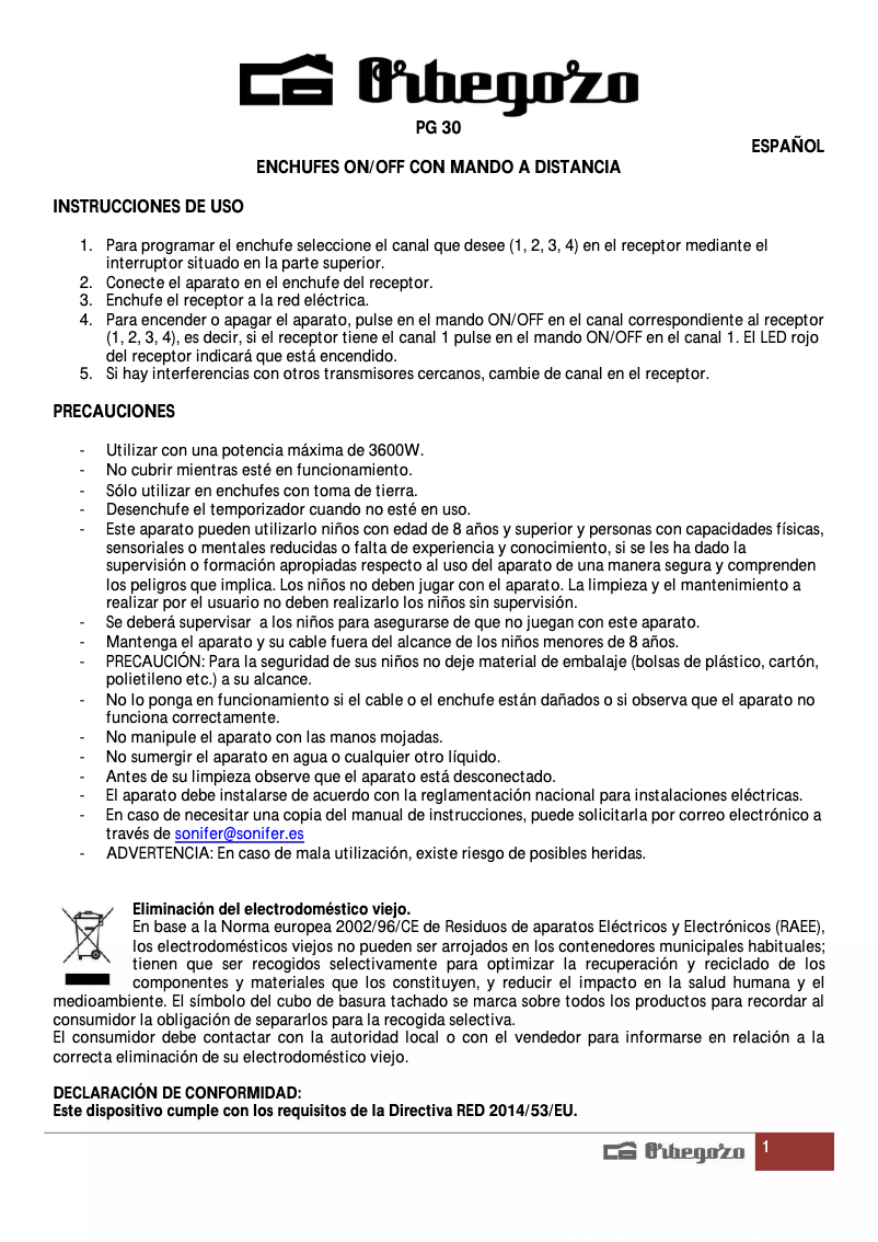 Page n°1 - Manuel utilisateur Orbegozo PG 30