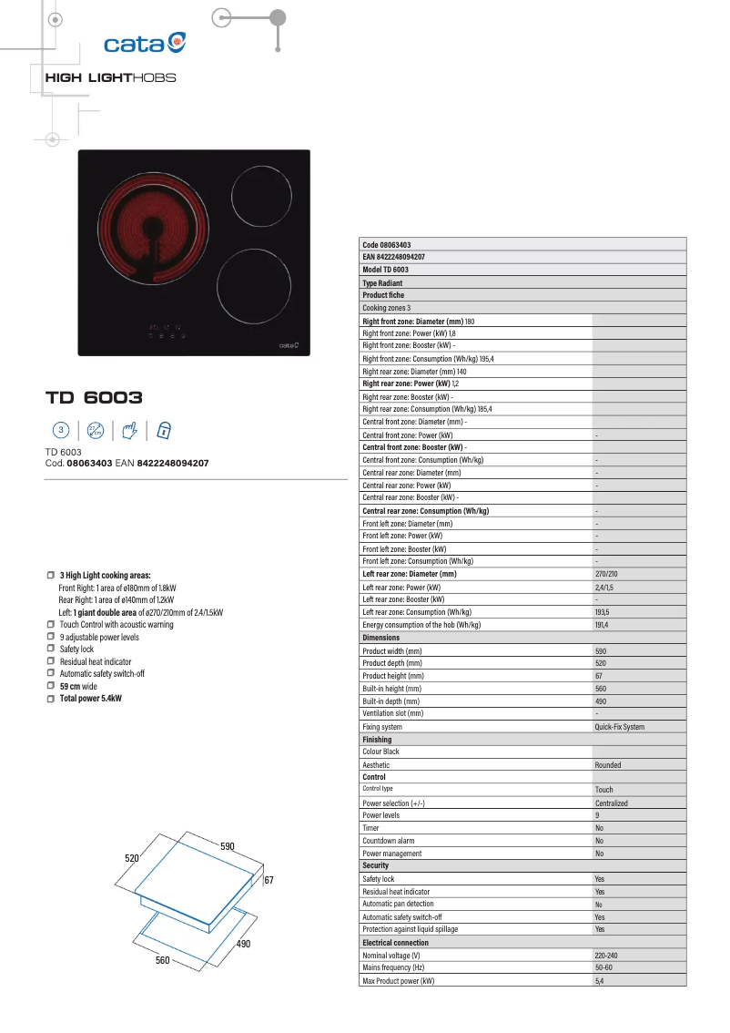 Page 1 de la notice Fiche technique CATA TD 6003