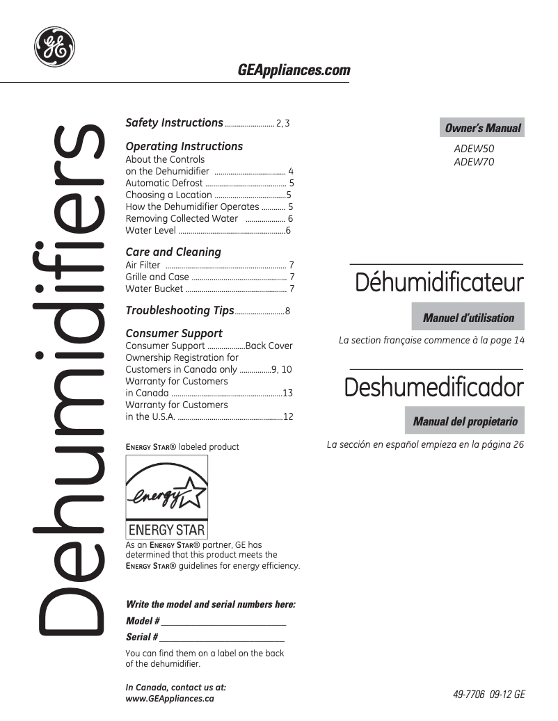 Page 1 de la notice Manuel utilisateur GE ADEW70LR