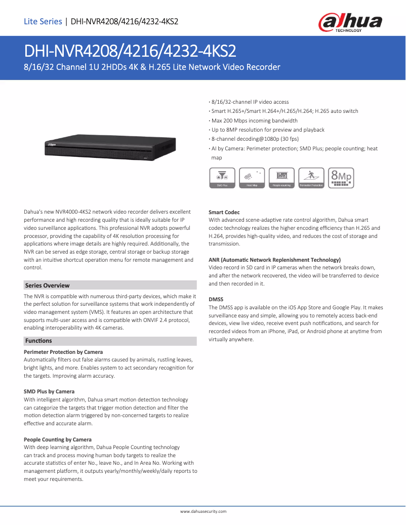 Page n°1 - Fiche technique Dahua Technology NVR4208-4KS2