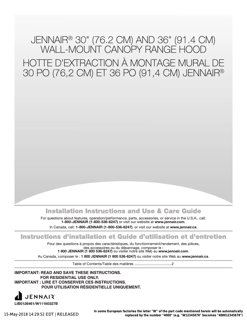 Page n°1 - Guide d'installation JennAir JVR0436HS