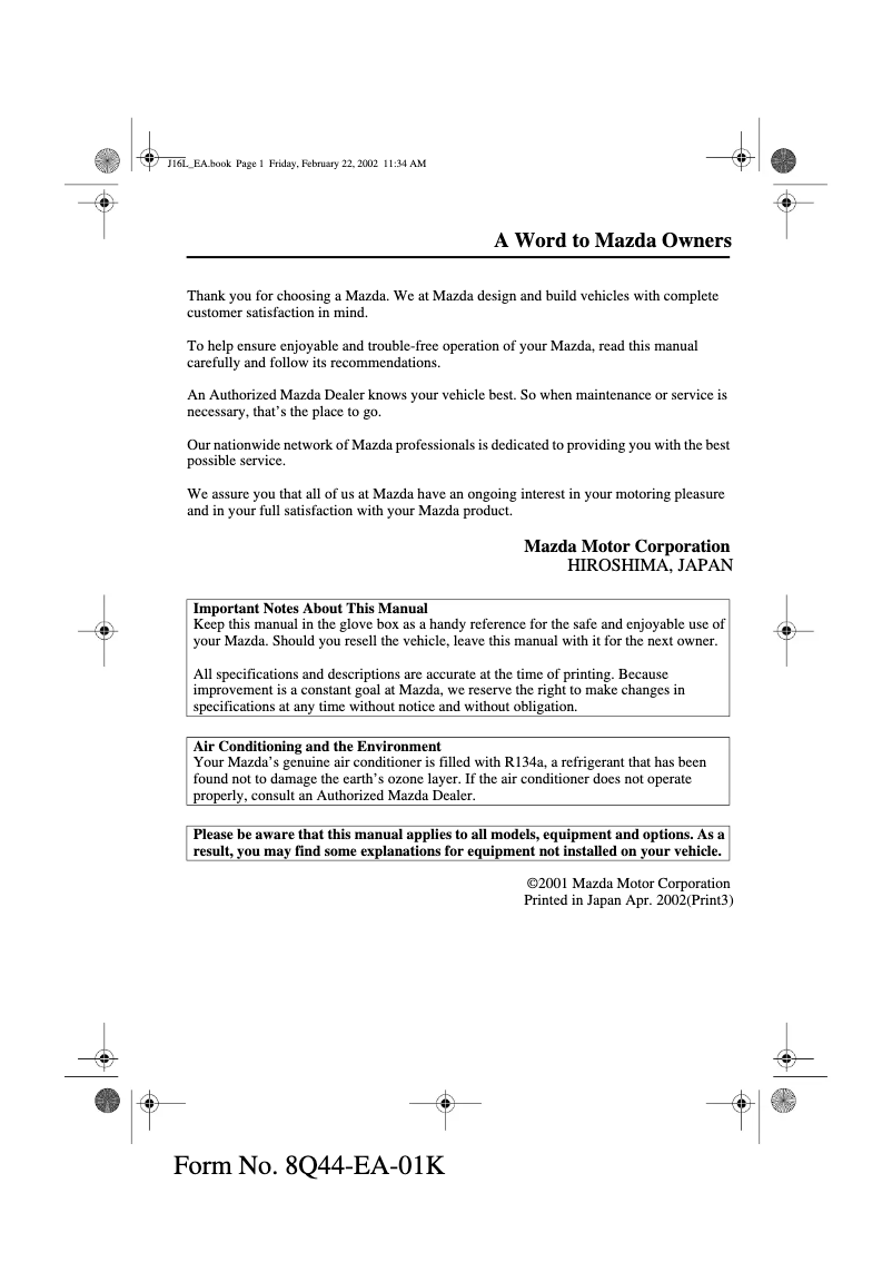 Page 1 de la notice Manuel utilisateur Mazda MPV (2002)