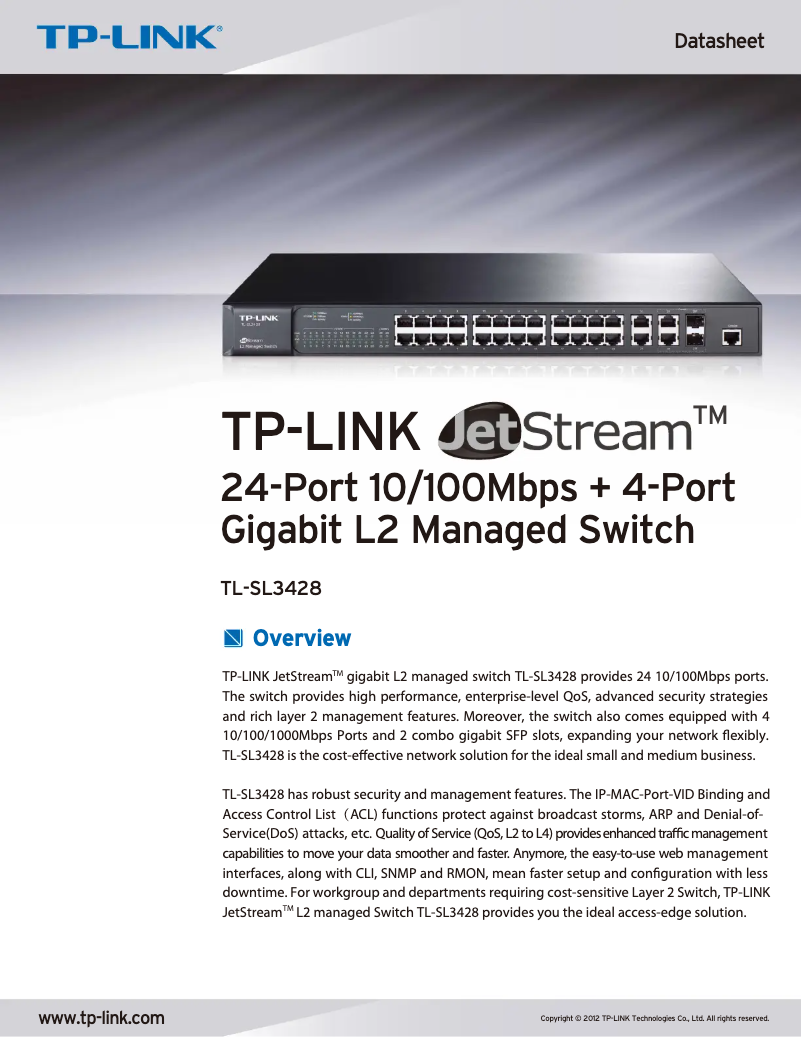 Page n°1 - Fiche technique TP-Link JetStream L2 Managed TL-SL3428
