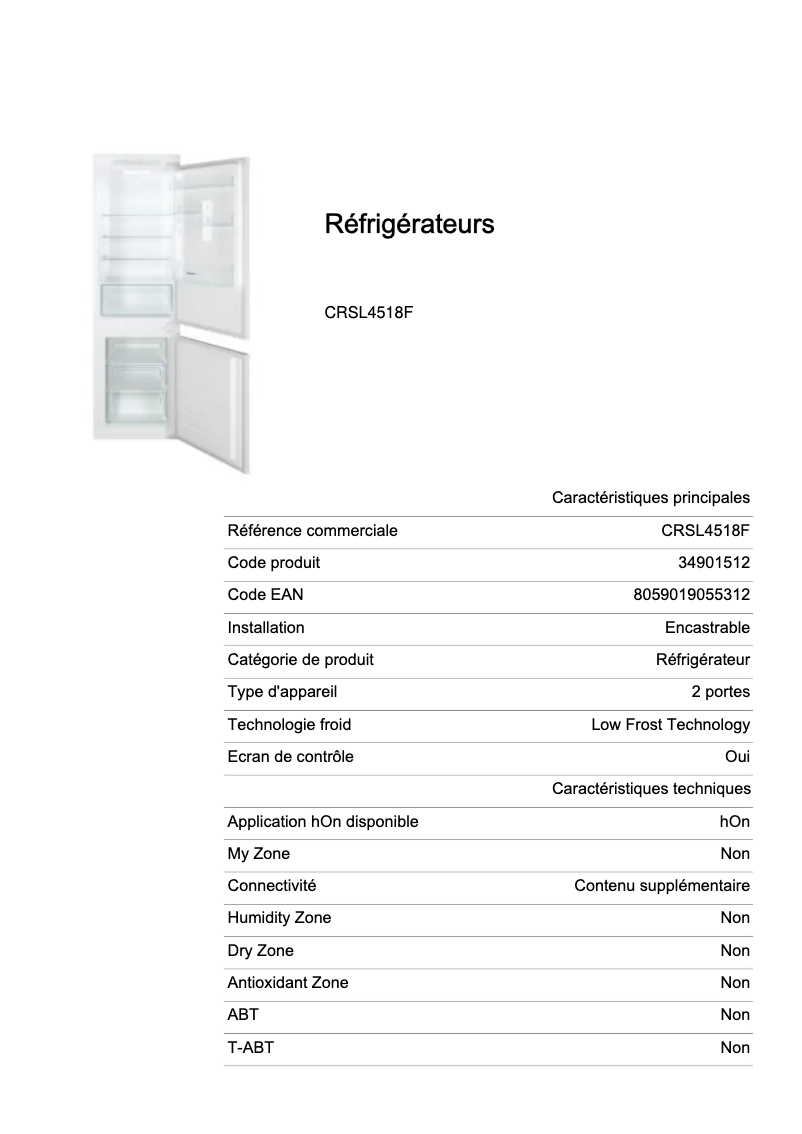 Page 1 de la notice Fiche technique Candy CRSL4518F