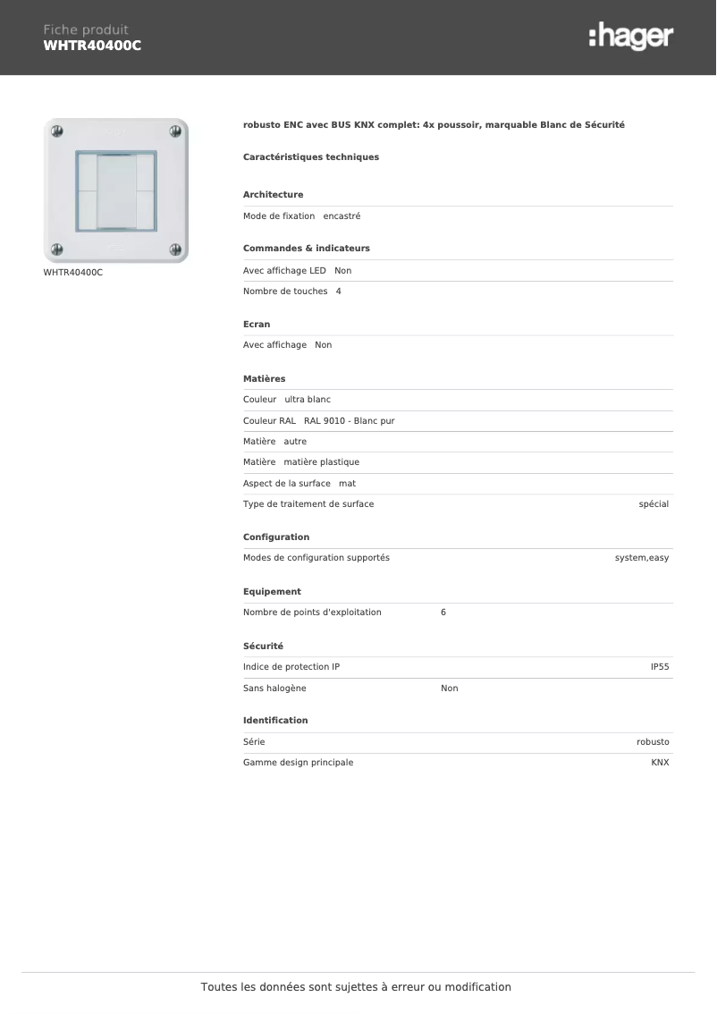 Page 1 de la notice Fiche technique Hager WHTR40400C