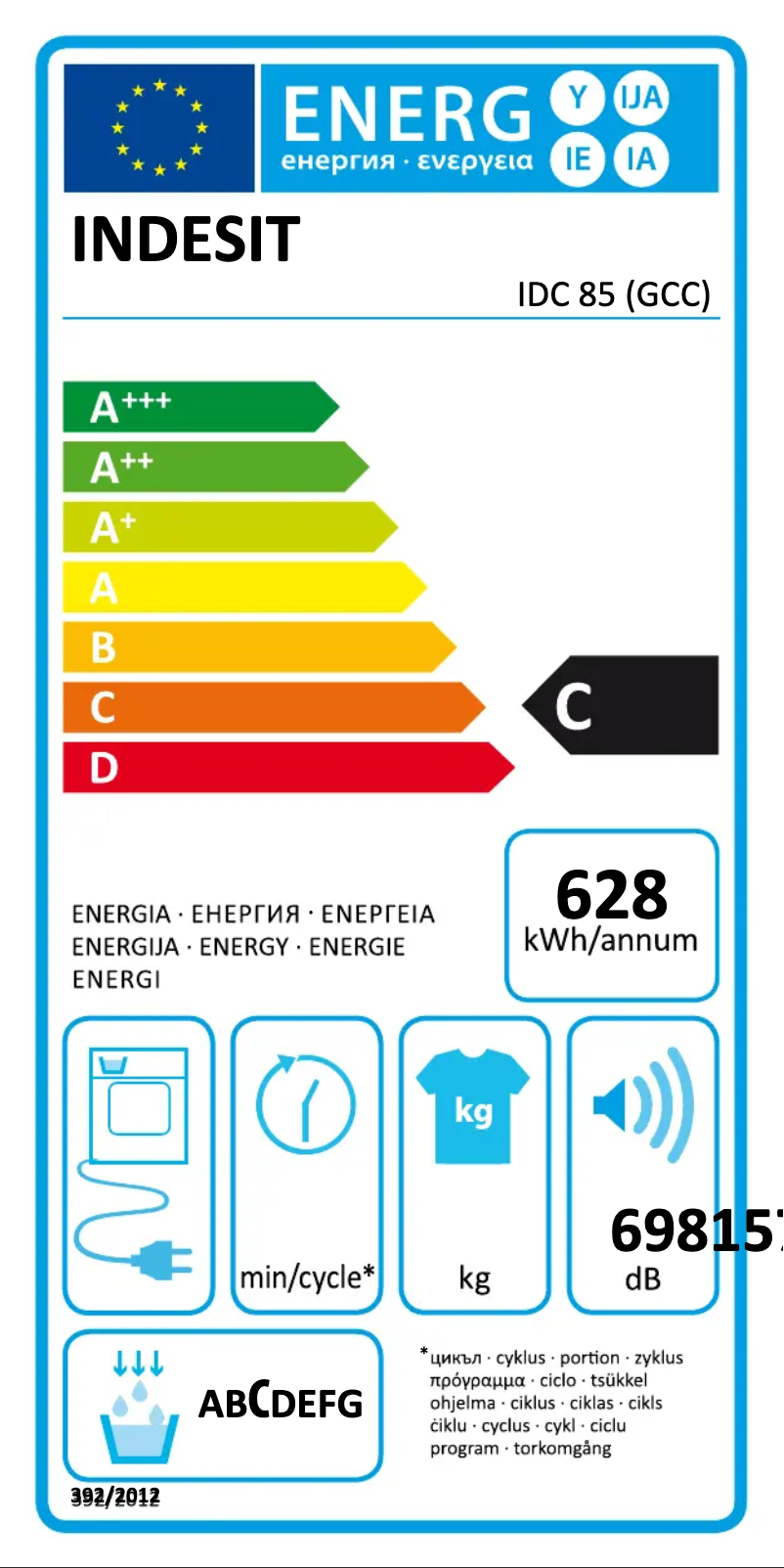 Page n°1 - Label énergétique Indesit IDC 85 (GCC)