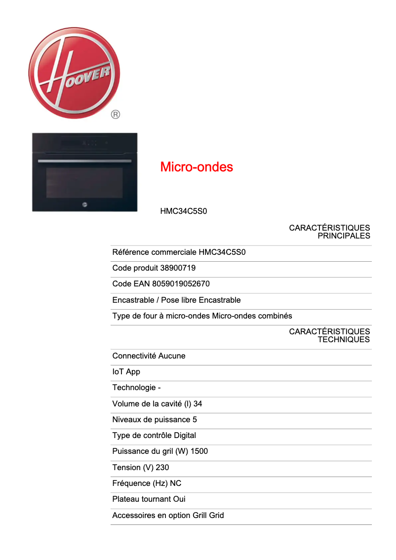 Page 1 de la notice Fiche technique Hoover H-MICROWAVE 500 COMBI HMC34C5S0