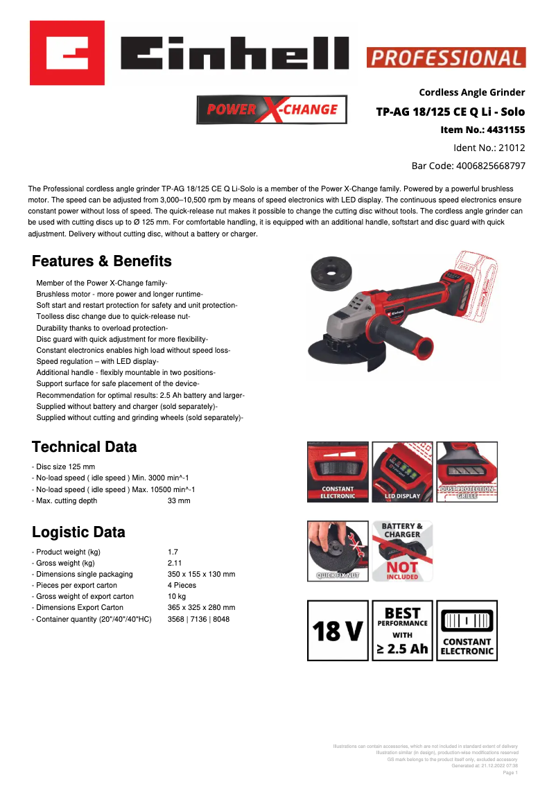 Page 1 de la notice Fiche technique Einhell TP-AG 18/125 CE Q Li