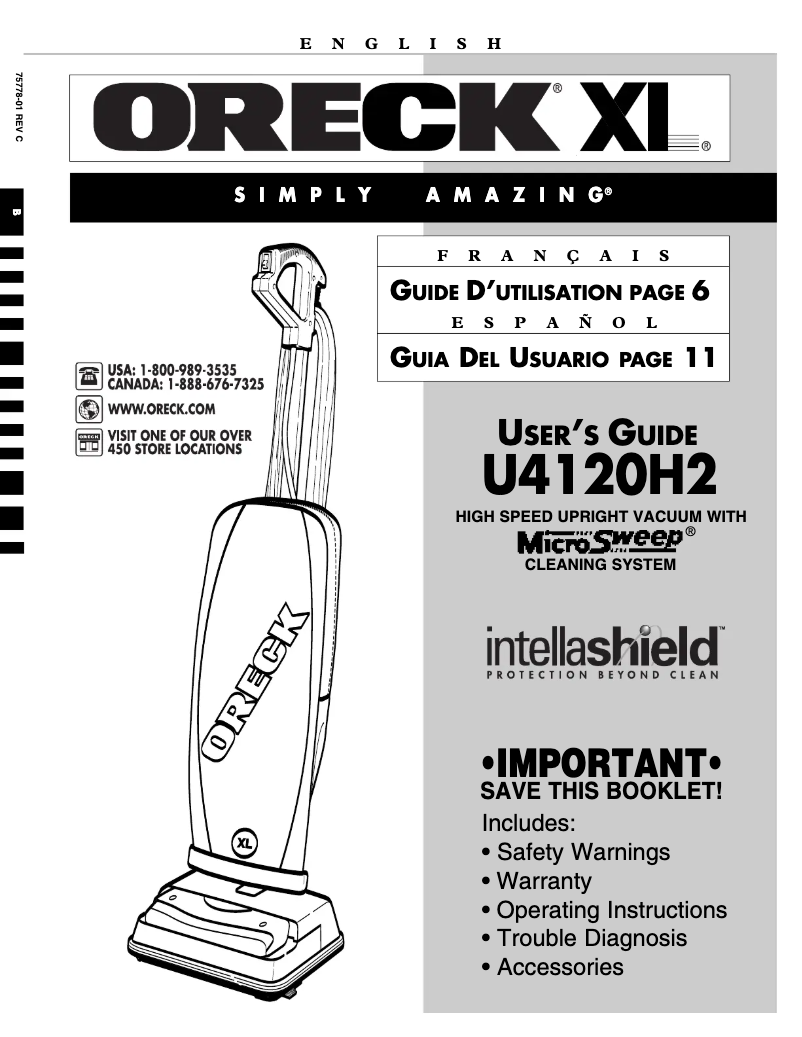 Page 1 de la notice Manuel utilisateur Oreck XL Ultra U4120H2