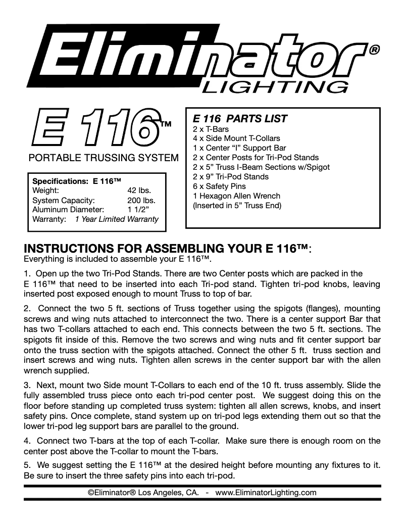 Page n°1 - Manuel utilisateur Eliminator Lighting E116