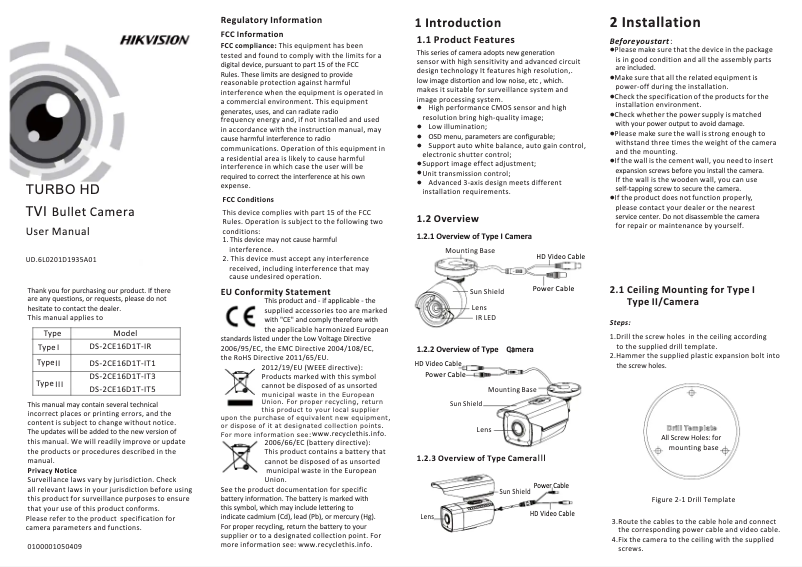 Page 1 de la notice Manuel utilisateur Hikvision DS-2CE16D1T-IT3(8MM)