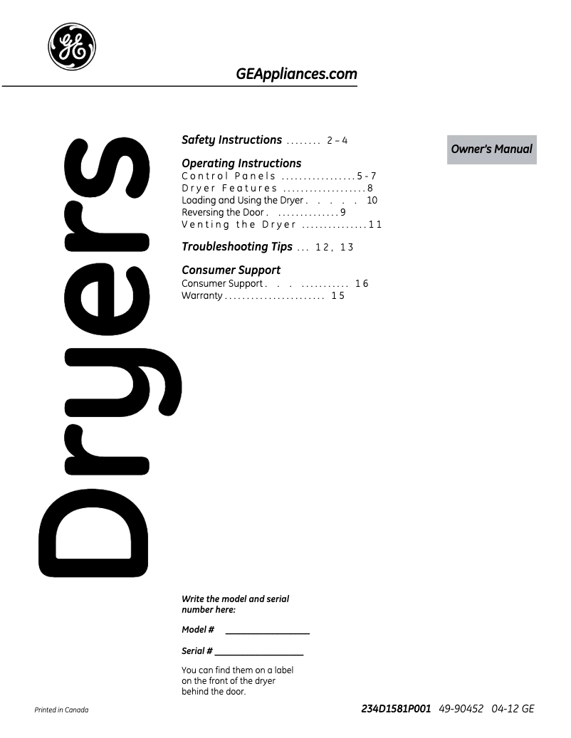 Page n°1 - Manuel d'utilisation et d'entretien GE GTDS570EDWW