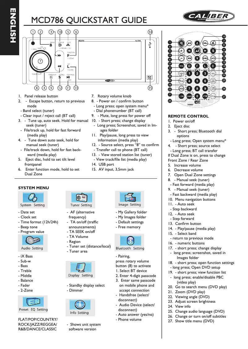 Page n°1 - Manuel utilisateur Caliber RDD 786BT