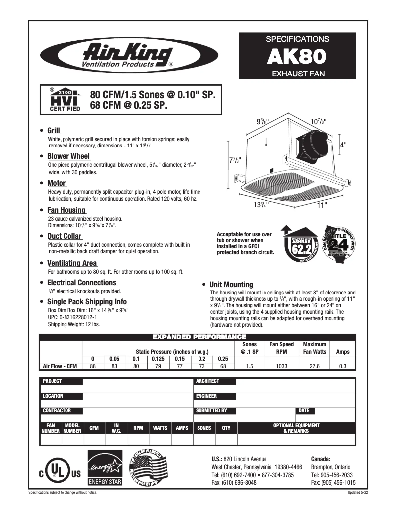 Page 1 de la notice Fiche technique Air King AK80