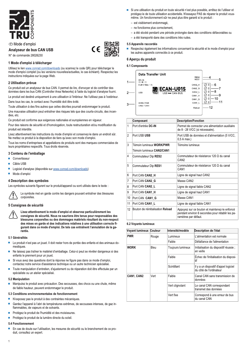 Page 1 de la notice Manuel utilisateur Tru Components TC-ECAN-U01S