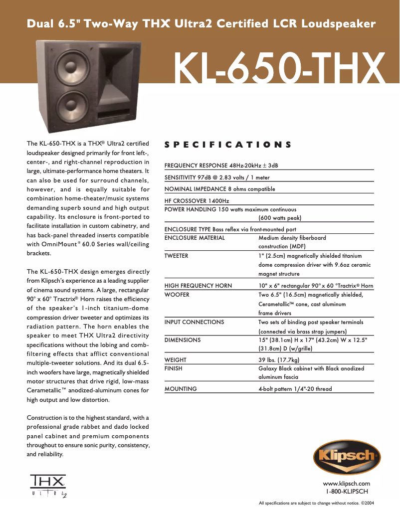 Page n°1 - Fiche technique Klipsch KL-650-THX