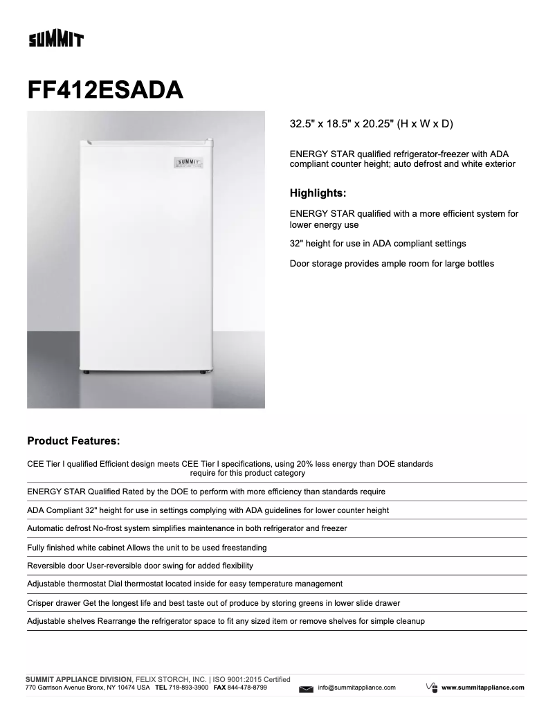 Page 1 de la notice Fiche technique Summit FF412ESADA