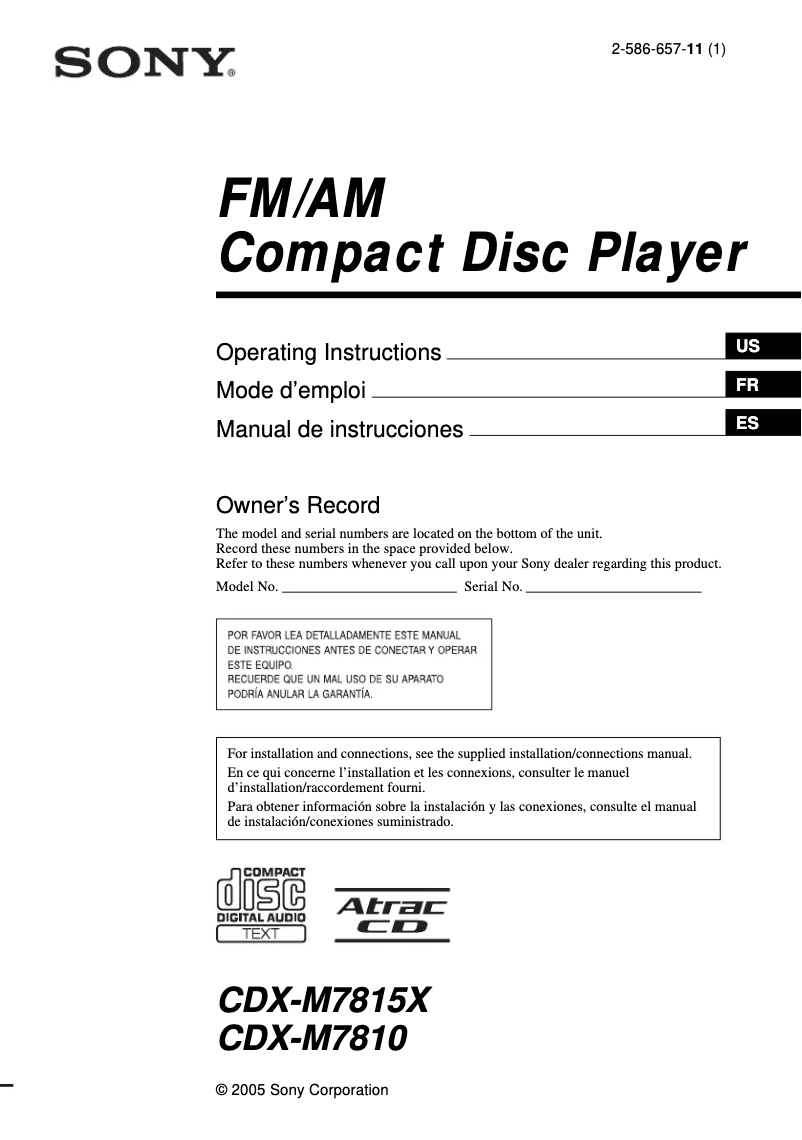 Imagen de la primera página del manual del dispositivo CDX-M7815X