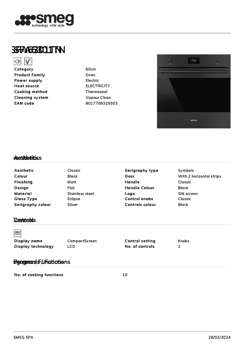 Page n°1 - Fiche technique Smeg SFA6301TN