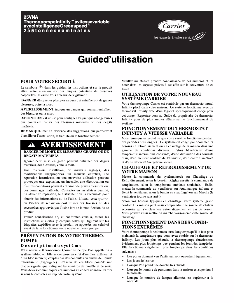 Page 1 de la notice Manuel utilisateur Carrier Infinity 25VNA0