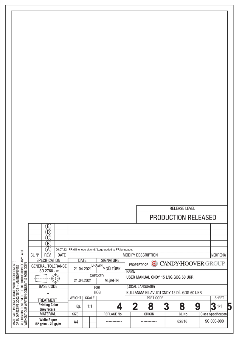 Page 1 de la notice Manuel utilisateur Candy CSG6PW