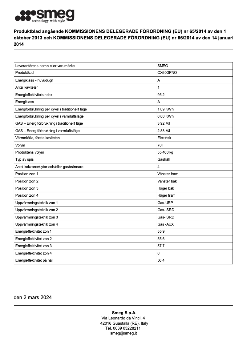 Page 1 de la notice Fiche technique Smeg CX60GPNO