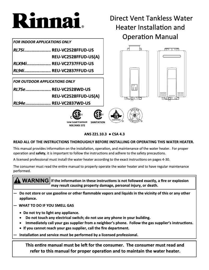 Page 1 de la notice Guide d'installation Rinnai RL94iN