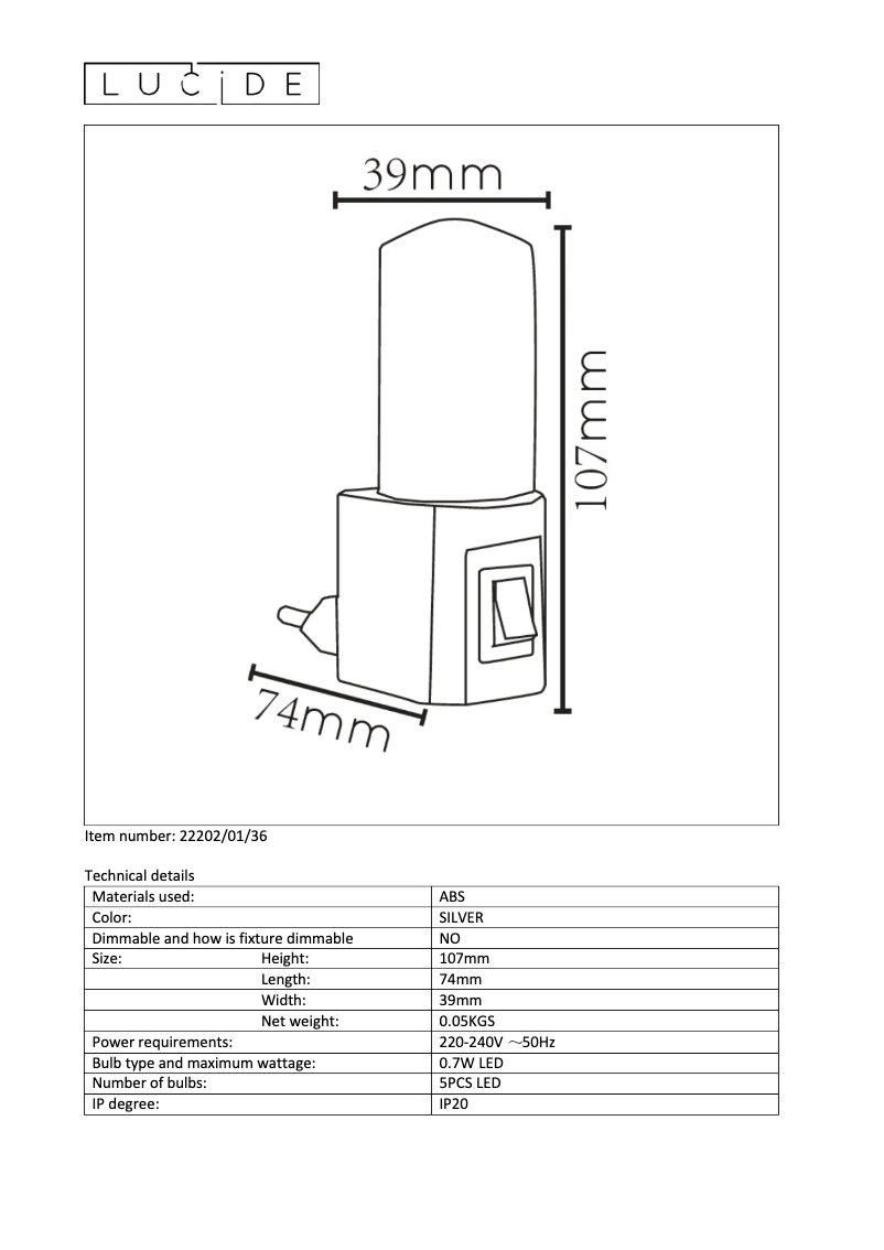 Page 1 de la notice Manuel utilisateur Lucide Night light 22202/01/36