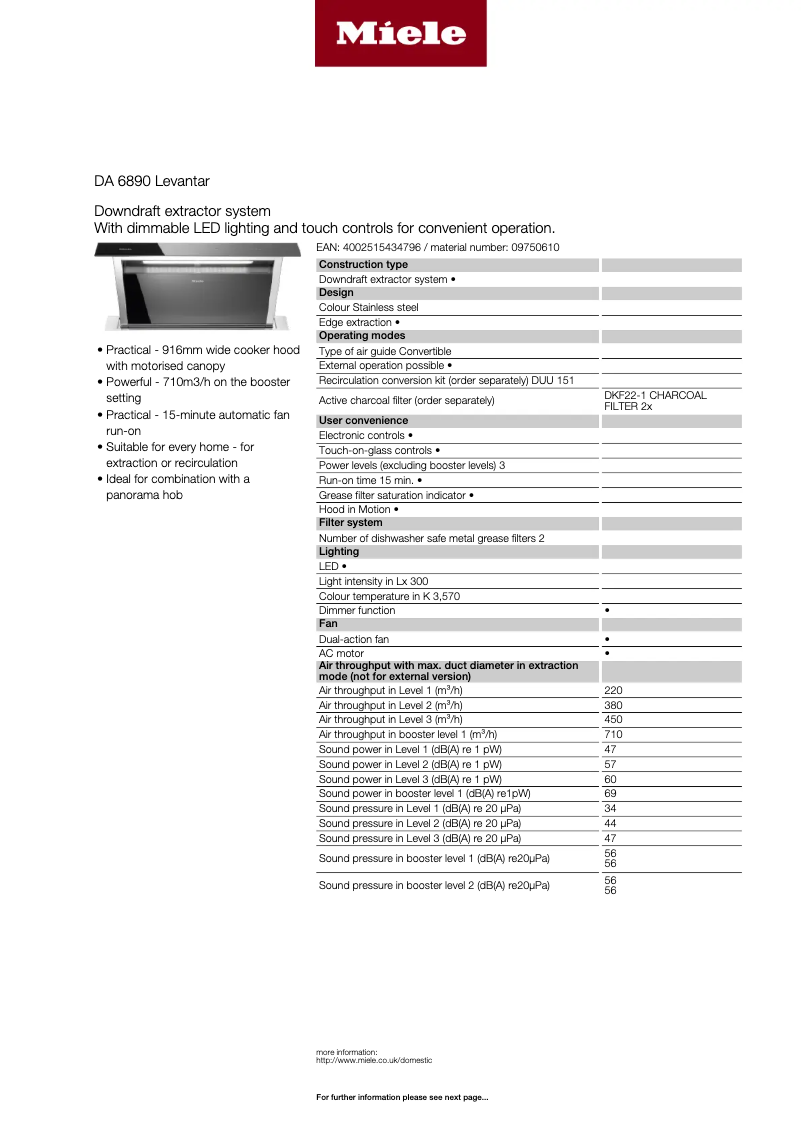 Page 1 de la notice Fiche technique Miele DA 6890