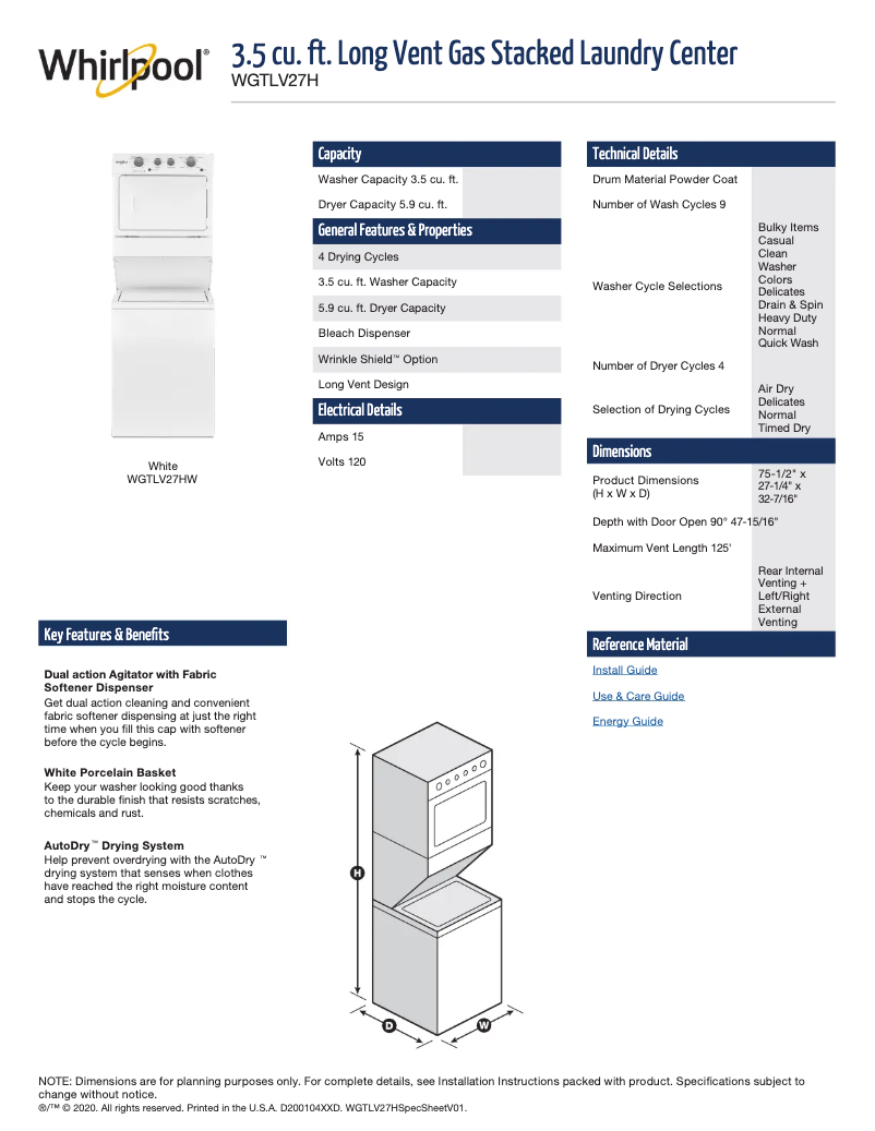 Page 1 de la notice Fiche technique Whirlpool WGTLV27HW