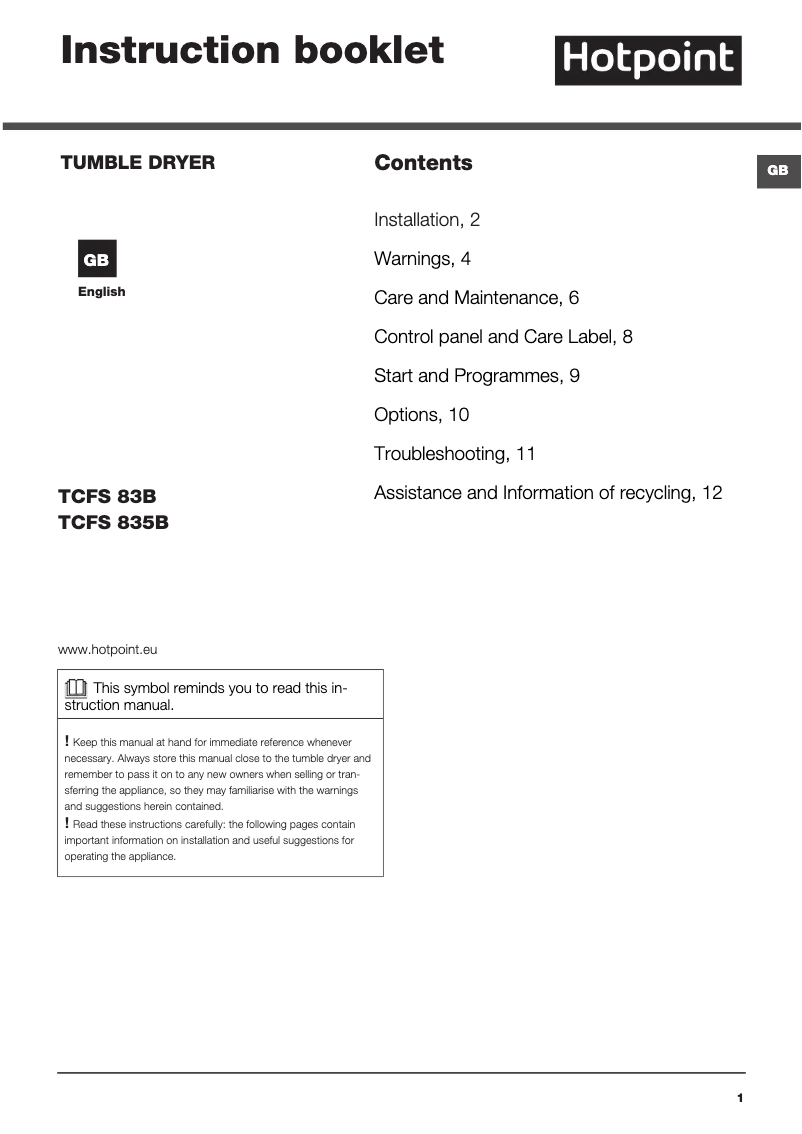 Page n°1 - Manuel utilisateur Hotpoint TCFS 83B GK.9 (UK)