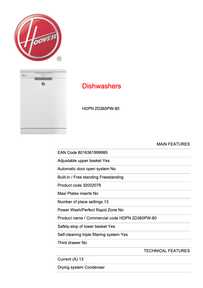 Page 1 de la notice Fiche technique Hoover HDPN 2D360PW-80