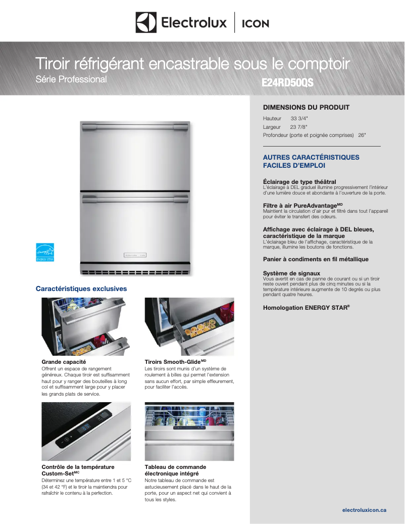 Page 1 de la notice Fiche technique Electrolux E24RD50QS
