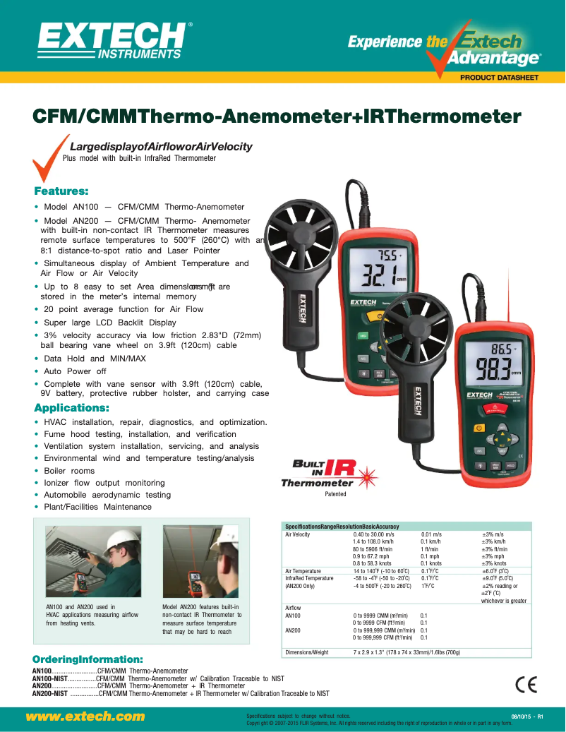 Page 1 de la notice Fiche technique Extech AN100